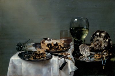 Mesa de café da manhã com torta de amora de Willem Claesz. Heda